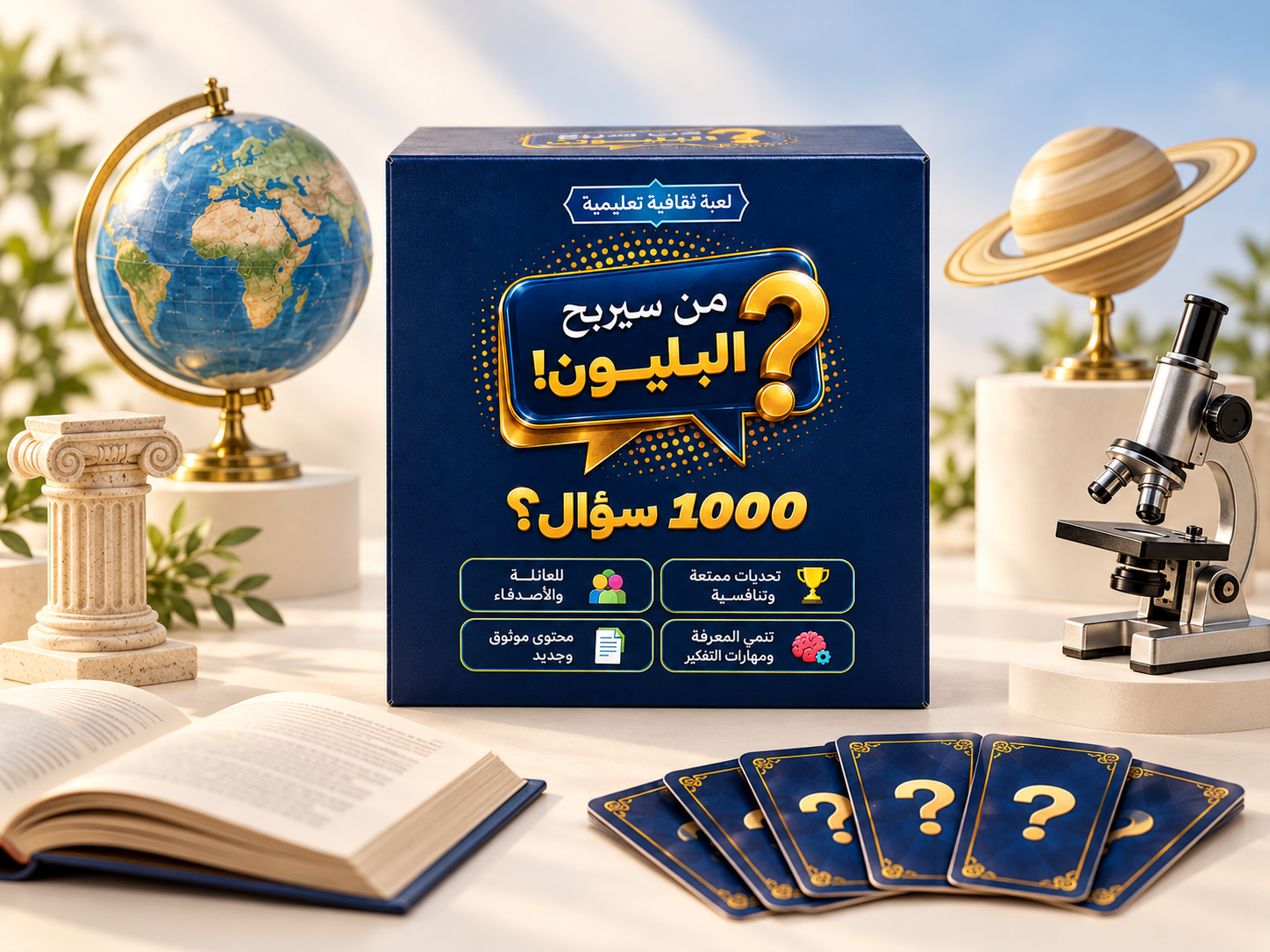 علبة من سيربح البليون مع رموز للعلوم والفضاء والجغرافيا والتاريخ والقراءة